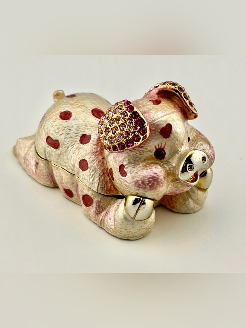 Vintage Gold Pink Enamel Rhinestone Pig Trinket Box - Picture 1 of 7